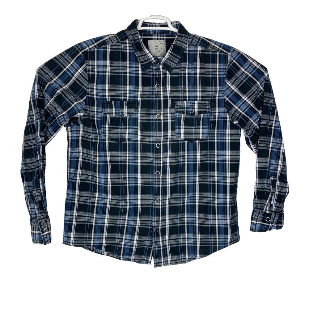 Warehouse One Cotton Blue Black Checkered Long Sleeve Snap Button Mens XL Shirt